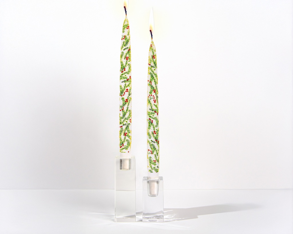 Christmas Pine Needles and Berries - Set of  2 Taper Candles